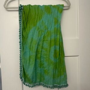 Green Tie-Dye Scarf with Pom-Pom Trim